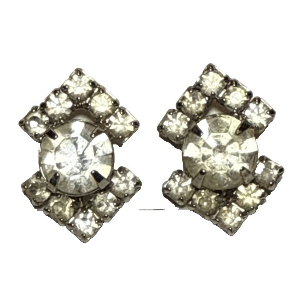 Silverโ Tone Clip On Earrings with Rhinestone Detail Vtg J-6L